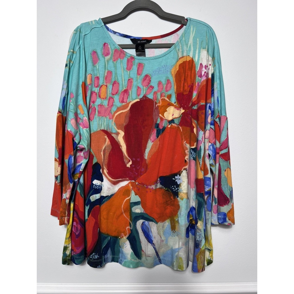 Ali Miles Blouse Woman's 2X Floral Art Print Tunic Top-Stretch- Colorful- Resort